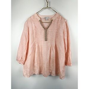 Coldwater Creek Blouse Top Sz Petite M Pink Linen 3/4 Sleeve Bead V Neck
